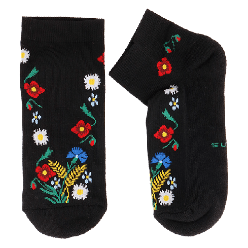 Mustad madalad sokid etno Muhu saare ilusa lillelise mustriga talla all suva logo