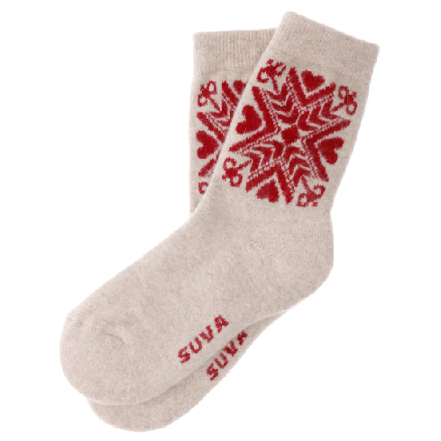 beez angoora villast sokid eesti etno punase ornamendiga beige angora wool socks with red ornament suva