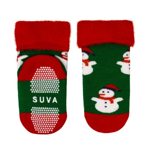 Laste kraasitud rohelist värvi kodusokid valgete lumememmedega, punast värvi pööratud serv