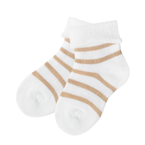 valged frotee beebisokid beezi triipudega ja pööratud servaga