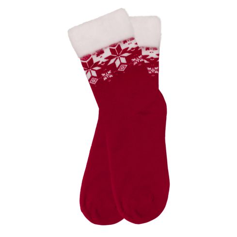 Punased naiste kraasitud talvesokid valge pööratud säärega ja ilusa ornamendiga sääre peal