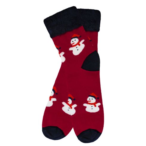 bordoo punased kraasitud soojad sokid lumememmedega jõuludeks, tumelilla värvi säär kand ja nina