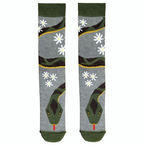 Halli värvi sokid rohelise maoga ja valgede lilledega, grey socks with green snake and white flowers