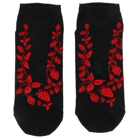 Madalad mustad sokid punase mustriga maasikad etno